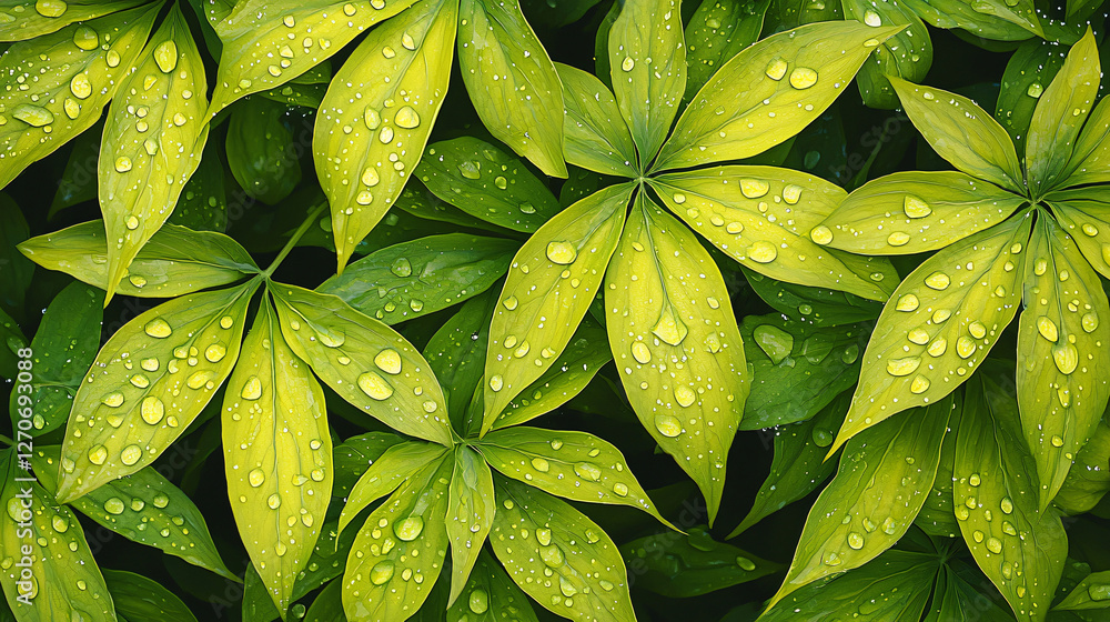 Fototapeta premium Dew-covered leaves in a natural setting Bright green leaves with tiny water droplets scattered across the surface.