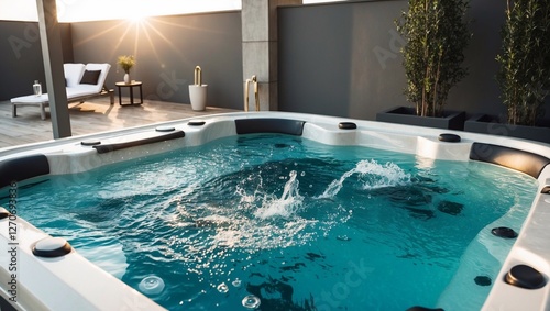 Luxurious hot tub with bubbling water and sleek modern design, creating a perfect setting for relaxation, wellness, and hydrotherapy, Generative AI