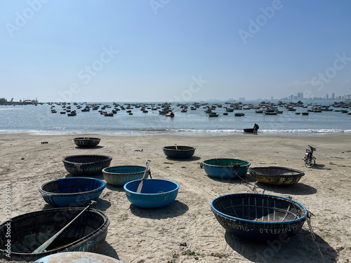 Basket boats on the beach of Da Nang