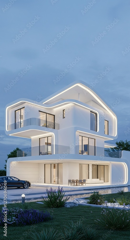 Fototapeta premium Modern futuristic architecture: innovative curved facade home at dusk