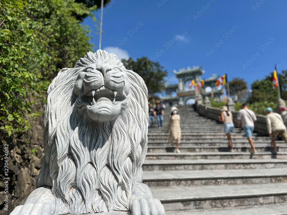 Lion statue at the entrance of Chau Linh Ung