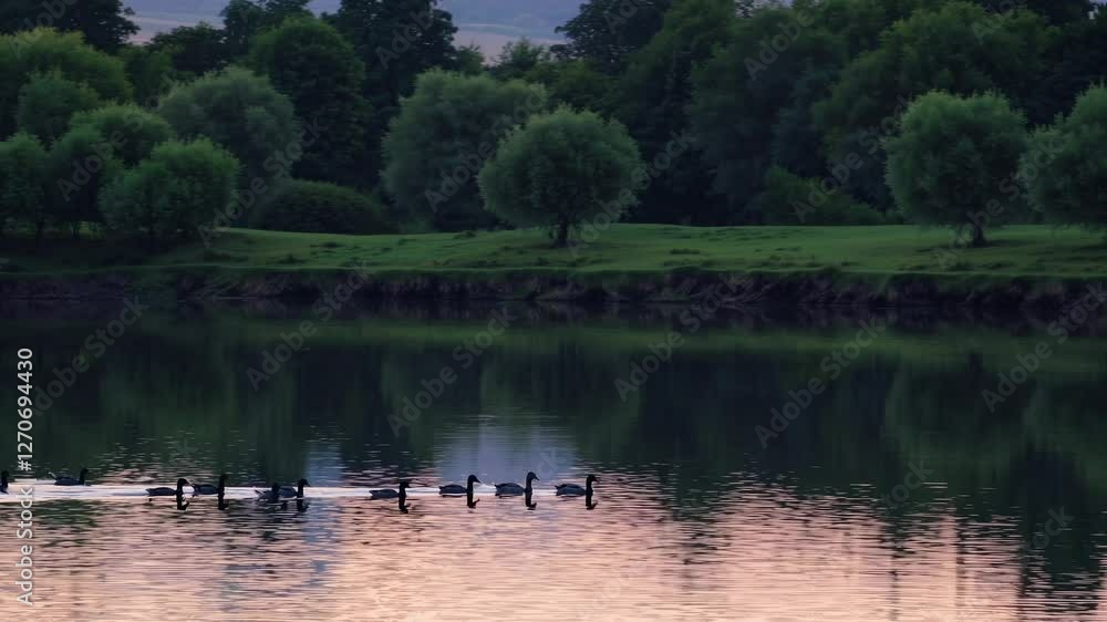 Serene video of ducks gliding on a tranquil lake at sunset, captured from a low angle, with lush trees reflecting on the water's surface. Serene video of ducks gliding on a tranquil lake at sunset, captured from a low angle, with lush trees reflecting on the water's surface.