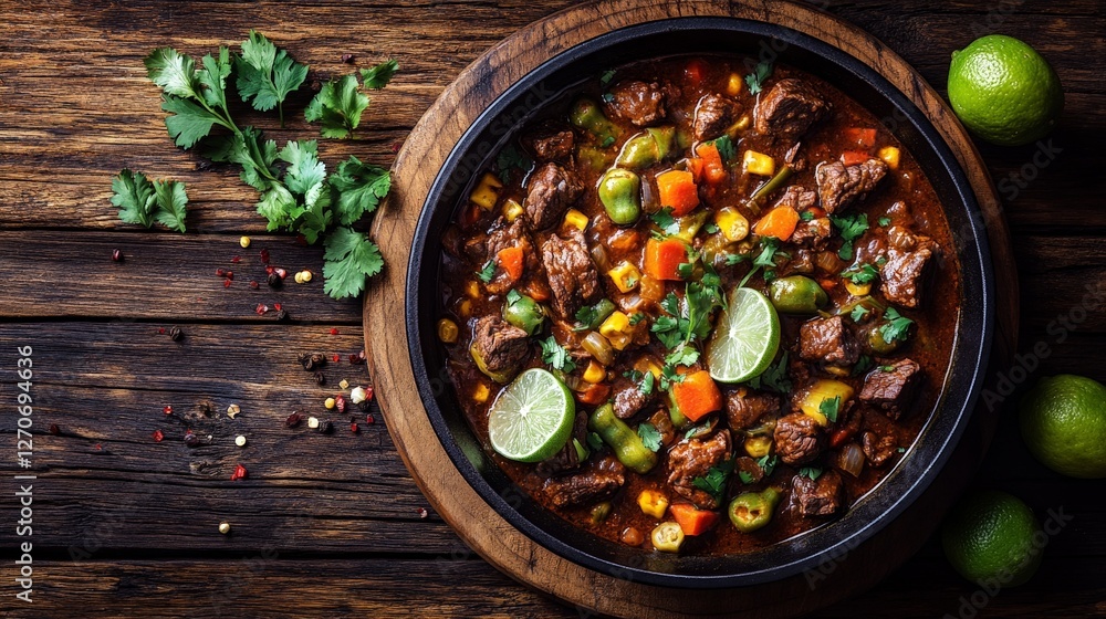 A hearty beef stew with vegetables and lime, served in a rustic bowl. A hearty beef stew with vegetables and lime, served in a rustic bowl.