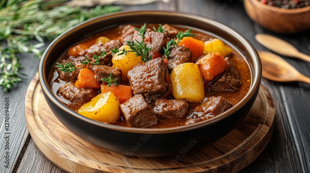 A hearty beef stew with vegetables served in a bowl, showcasing a comforting meal. A hearty beef stew with vegetables served in a bowl, showcasing a comforting meal.