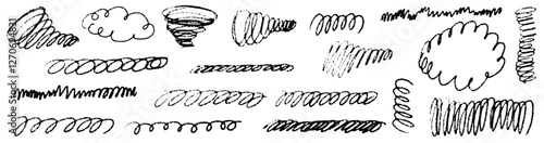 Line curve with texture crayon chalk. Scribble hand drawn set scribble black on white background. Curve crayon chalk set, Vector illustration