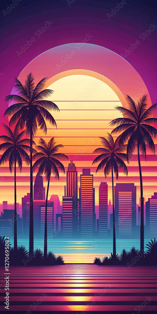 Naklejka premium A vibrant synthwave cityscape with a tropical sunset, neon colors, palm trees, and retro-futuristic vibes, perfect for mobile screens.