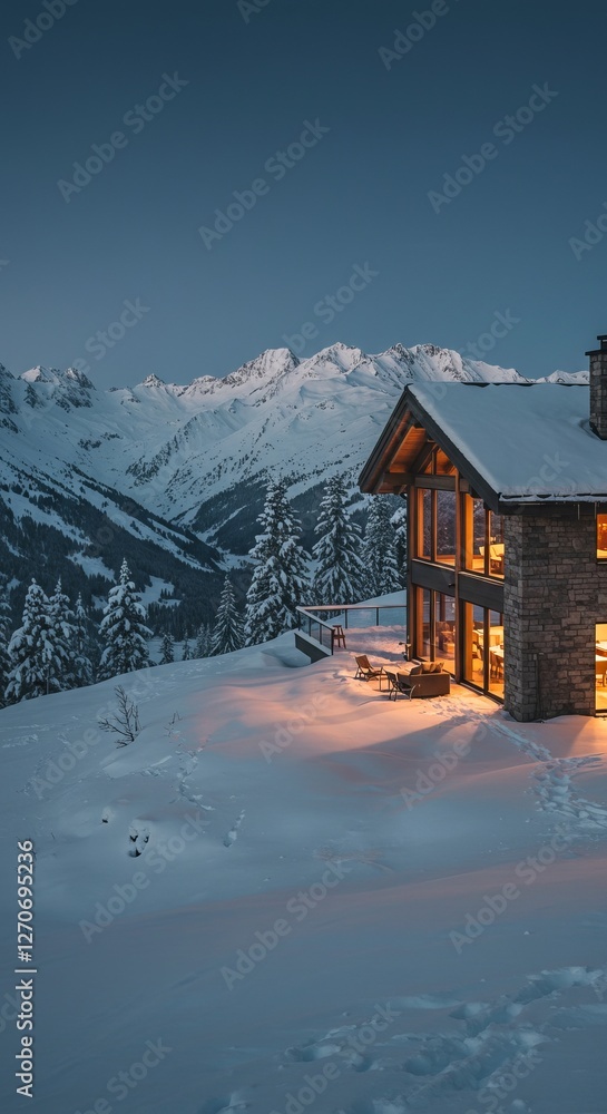 Fototapeta premium Cozy mountain cabin with glowing windows amidst snow-covered alpine landscape at dusk