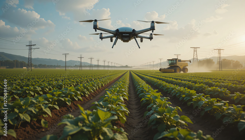 A smart agriculture farm with autonomous drones analyzing crops, AI-driven irrigation systems, and robotic harvesters in a futuristic landscape. A smart agriculture farm with autonomous drones analyzing crops, AI-driven irrigation systems, and robotic harvesters in a futuristic landscape.