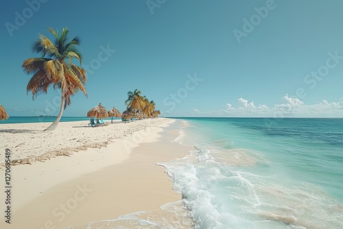 Idyllic caribbean beach on saona island  tropical summer landscape with loungers and white sand photo