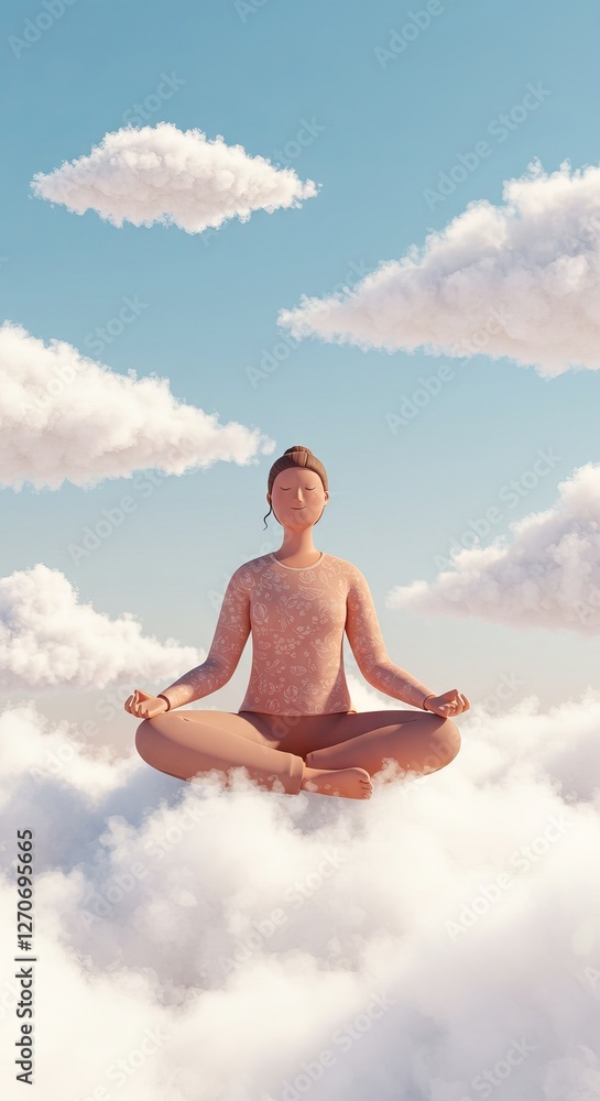 Serene meditation in the clouds: peaceful woman practicing mindfulness
