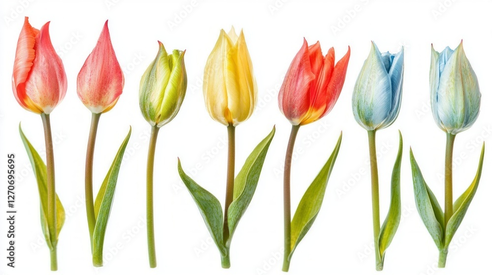 A stunning arrangement of tulips featuring bright red, soft blue, and cheerful yellow colors creates a beautiful display. Each flower stands gracefully, capturing the essence of spring's arrival A stunning arrangement of tulips featuring bright red, soft blue, and cheerful yellow colors creates a beautiful display. Each flower stands gracefully, capturing the essence of spring's arrival