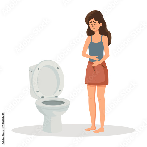 Sad woman suffering from acute abdominal pain, diarrhea, bloating stands near the toilet and holding her stomach. Vector flat cartoon illustration.