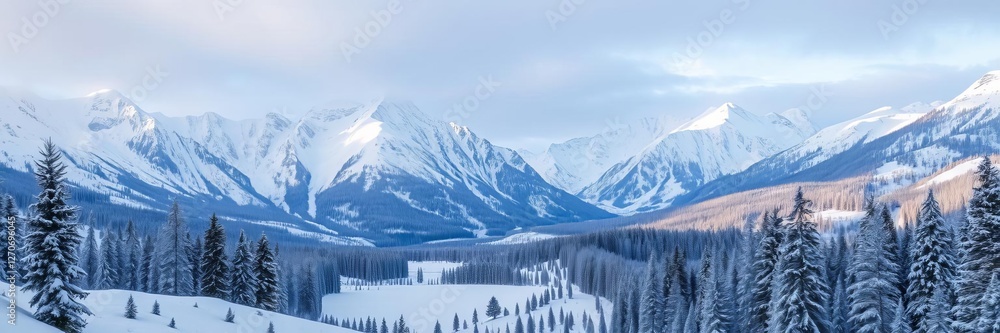Obraz premium Snow-covered trees populate a serene winter landscape beneath towering mountain peaks, snowy, majestic, wilderness