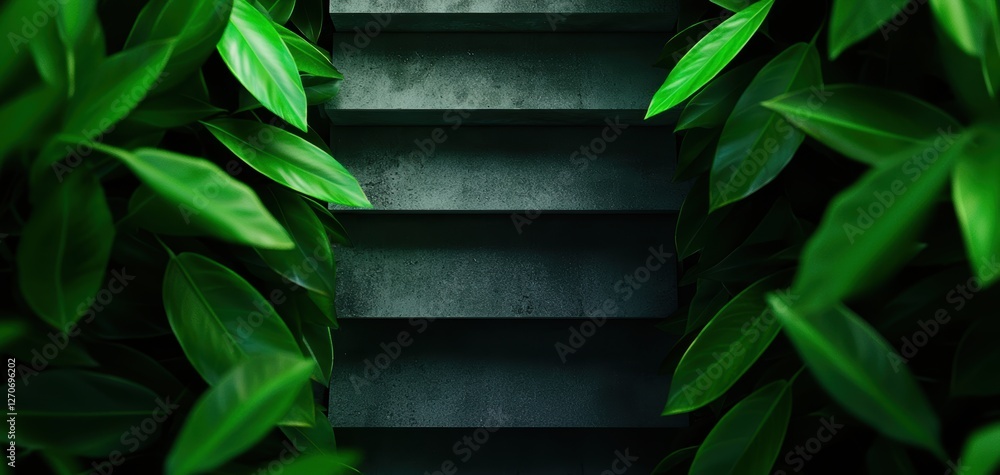 Hidden ancient pathway with weathered stone steps, surrounded by rich greenery and soft natural light filtering through the leaves, secret garden entrance Hidden ancient pathway with weathered stone steps, surrounded by rich greenery and soft natural light filtering through the leaves, secret garden entrance
