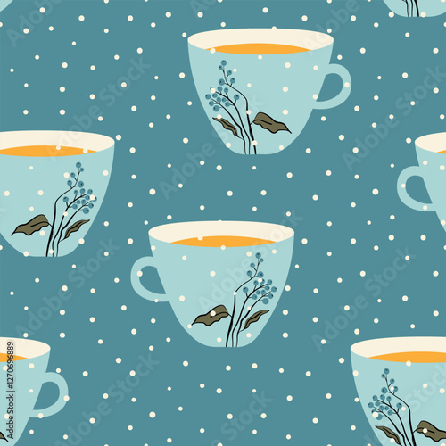Abstract seamless pattern with color cups. Kitchen doodle background. Design for poster, fabric, textile.