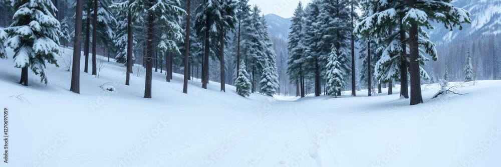 Obraz premium Snow covered pine trees lining a peaceful snowy path in a winter wonderland setting, tranquil, snow, nature