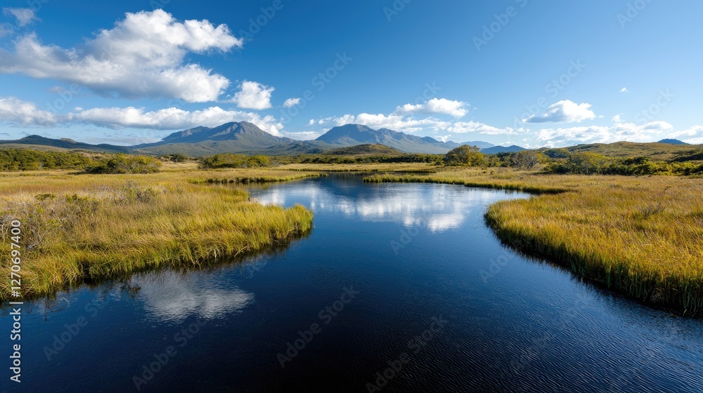 Serene River Reflecting Mountains, Autumn Meadow, Scenic Landscape Serene River Reflecting Mountains, Autumn Meadow, Scenic Landscape