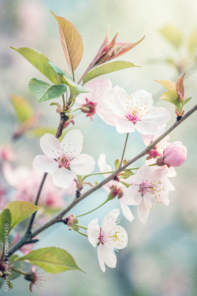 Fototapeta premium A delicate watercolor mobile wallpaper featuring soft pink cherry blossoms and green leaves.