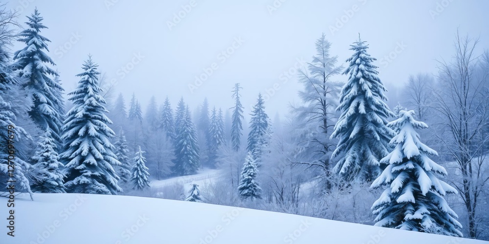 Naklejka premium Snow covered forest with frosted trees creating a serene winter wonderland, complete with a Christmas atmosphere, landscape, white, tranquil