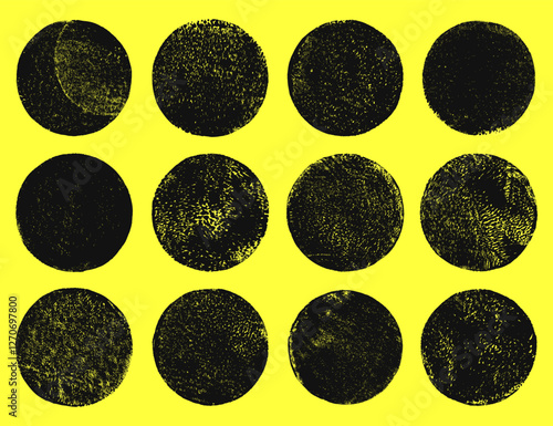 Grungy textured hand printed circle shapes collection. Linocut vector relief block printing round rough worn scuffed textures set. Lino ink grunge text frame templates. Artistic circles backgrounds