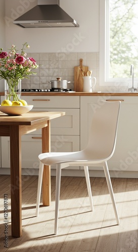 Wallpaper Mural Sunlit modern kitchen interior with wooden table and minimalist white chair Torontodigital.ca