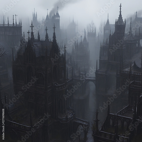 Gloomy Gothic Cityscape View with Foggy Towers and Misty Spires in Monochrome Tone photo