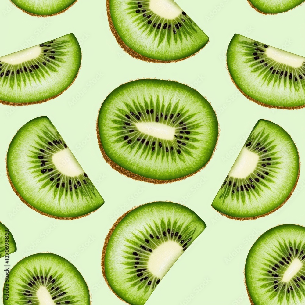 Fototapeta premium Modern digital illustration of kiwi slices, bright green flesh with radial black seeds, seamless tropical fruit pattern, fresh and exotic vibe