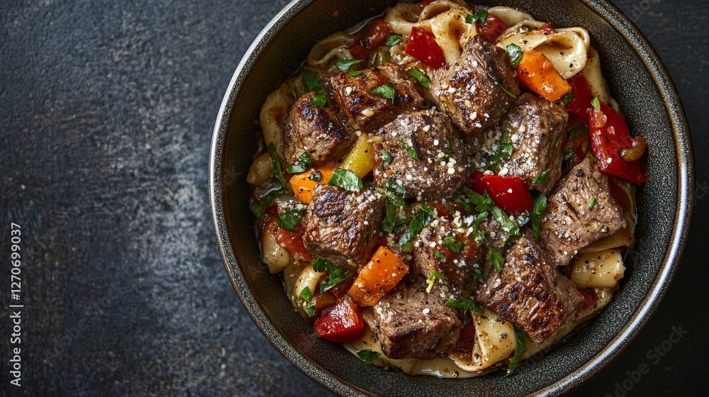 A hearty bowl of beef stew served over pasta, garnished with fresh herbs and vegetables. A hearty bowl of beef stew served over pasta, garnished with fresh herbs and vegetables.