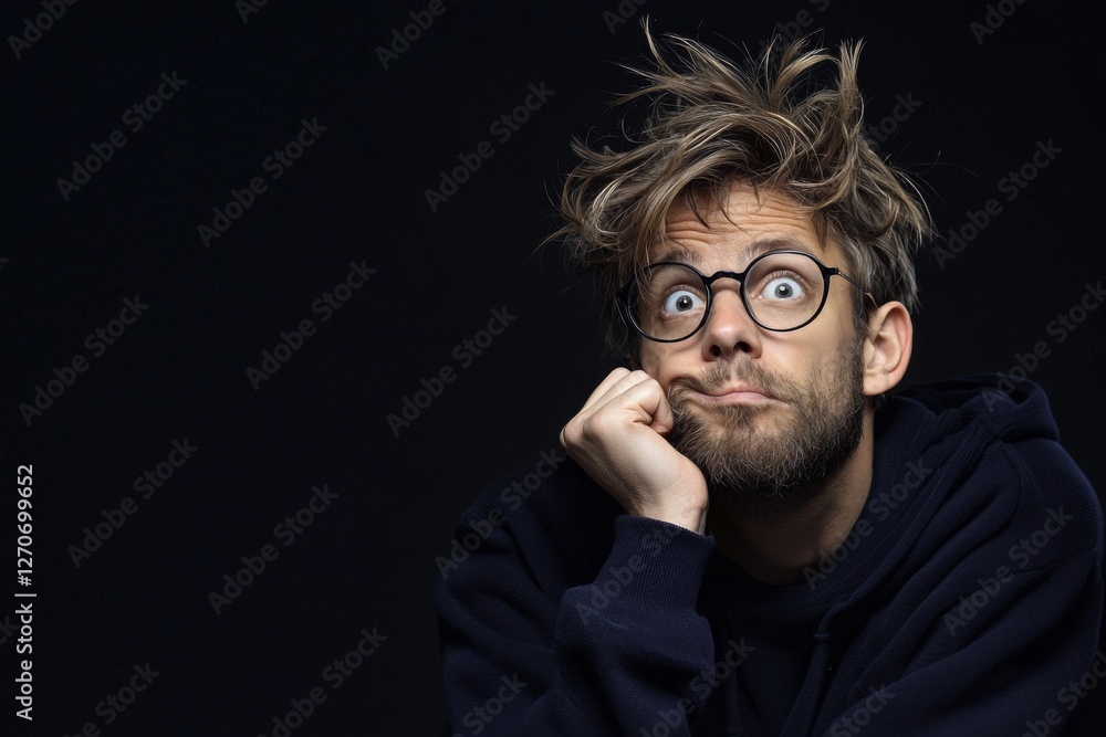 Thoughtful young man with messy hair and glasses poses with a pensive expression against a black background Thoughtful young man with messy hair and glasses poses with a pensive expression against a black background
