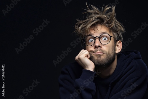 Thoughtful young man with messy hair and glasses poses with a pensive expression against a black background photo