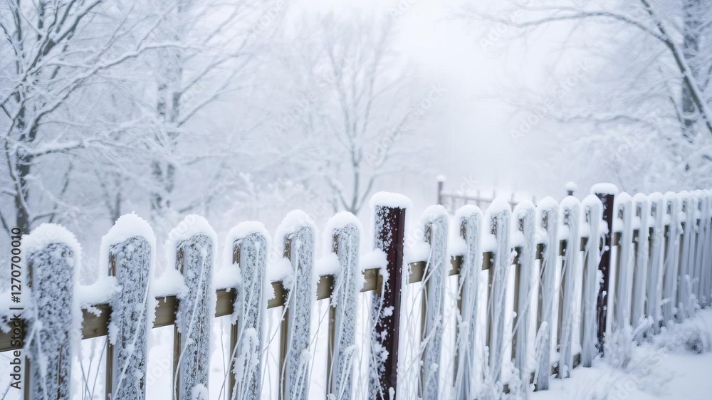 Winter landscape featuring trees and a fence covered in hoarfrost, with soft highlights and snowflakes falling gently in the background, snowflakes, scenic, weather Winter landscape featuring trees and a fence covered in hoarfrost, with soft highlights and snowflakes falling gently in the background, snowflakes, scenic, weather
