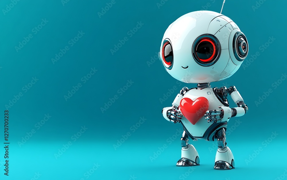 Cute robot holding a heart, futuristic, technology, love Cute robot holding a heart, futuristic, technology, love