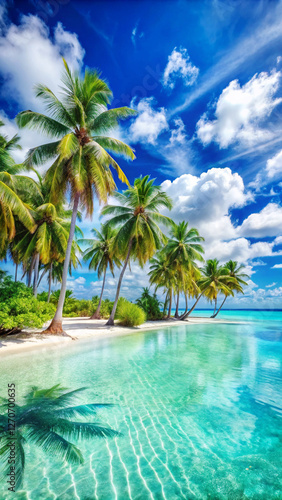 Scenic tropical beach with palm trees, white sand, and turquoise water, perfect for mobile wallpaper.