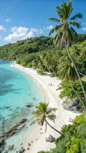 Scenic tropical beach with palm trees, white sand, and turquoise water, perfect for mobile wallpaper.