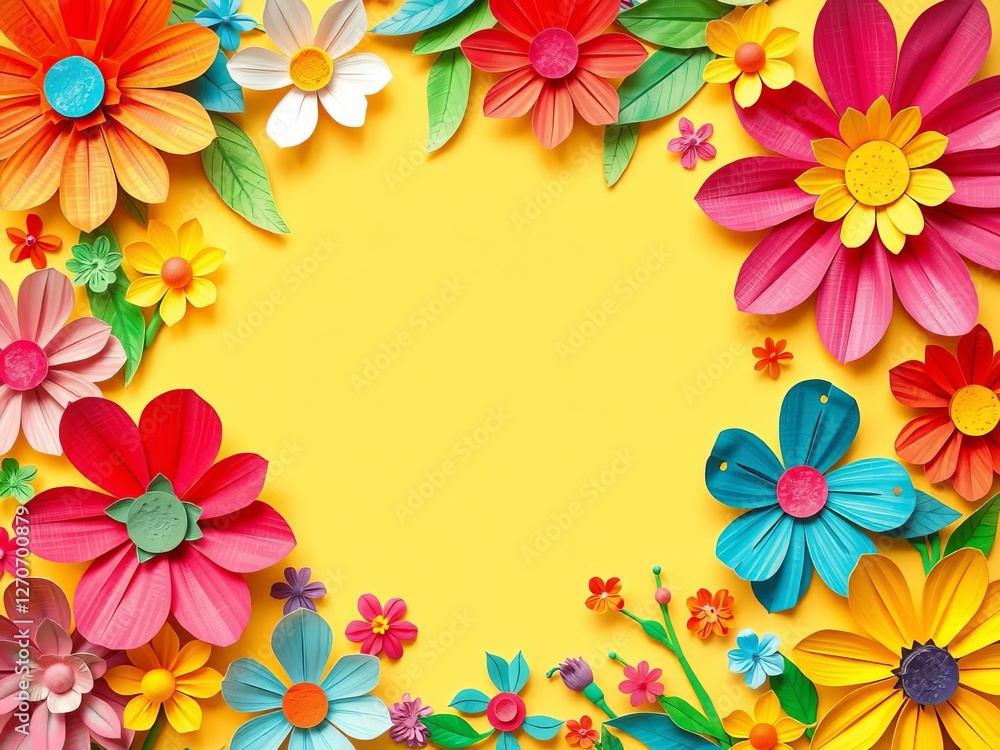 Layered paper cut flowers in a variety of vibrant colors creating a textured and dimensional look on a colorful background, craft, art, layered Layered paper cut flowers in a variety of vibrant colors creating a textured and dimensional look on a colorful background, craft, art, layered