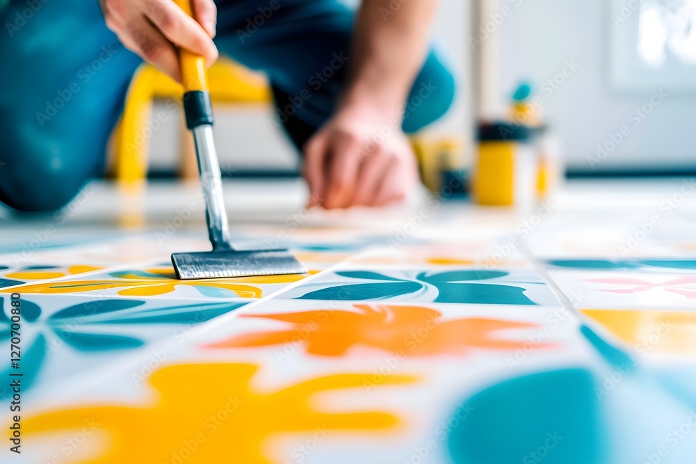 Fotografie Modern Home Renovation with Vibrant Patterned Tile Flooring and High Tech Tools