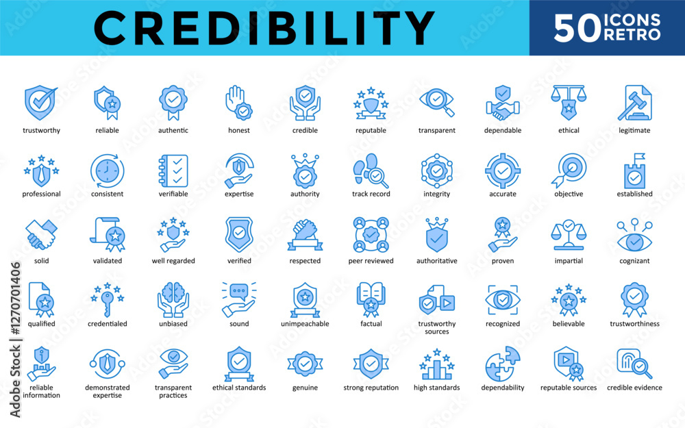 Φωτογραφία Credibility icons set with trustworthy, reliable, authentic, honest, credible, reputable, transparent, dependable, ethical, legitimate icon