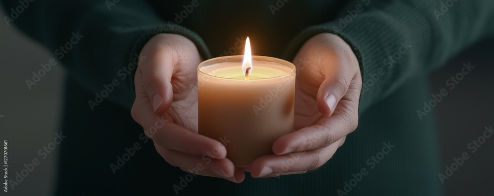 A person holding a lit candle in their hands. A person holding a lit candle in their hands.