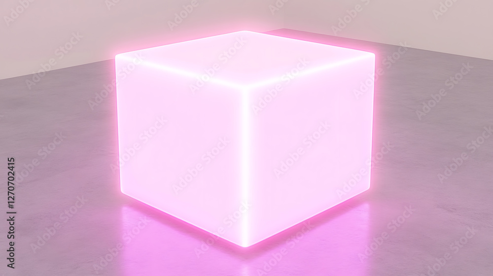 Glowing Geometric Cube Modern Art Display with Soft Pink Hue in a Minimalist Interior Space Glowing Geometric Cube Modern Art Display with Soft Pink Hue in a Minimalist Interior Space