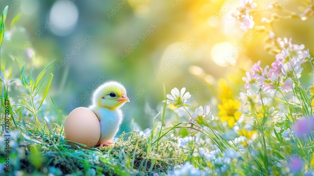 Adorable Baby Chick Emerging from its Shell in a Sunny Spring Meadow Adorable Baby Chick Emerging from its Shell in a Sunny Spring Meadow