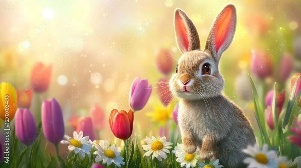 Obraz premium Adorable Easter Bunny in a Field of Spring Flowers