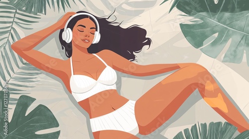 Music-Loving Woman on Beach in Bikini, Sunlight, Lifestyle