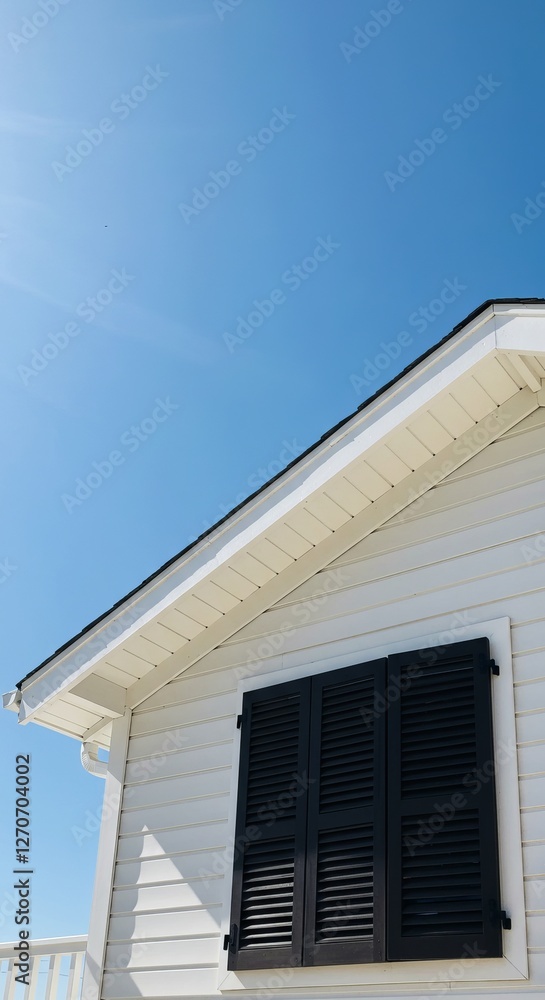 Minimalist white house against bright blue sky with black shutters Minimalist white house against bright blue sky with black shutters