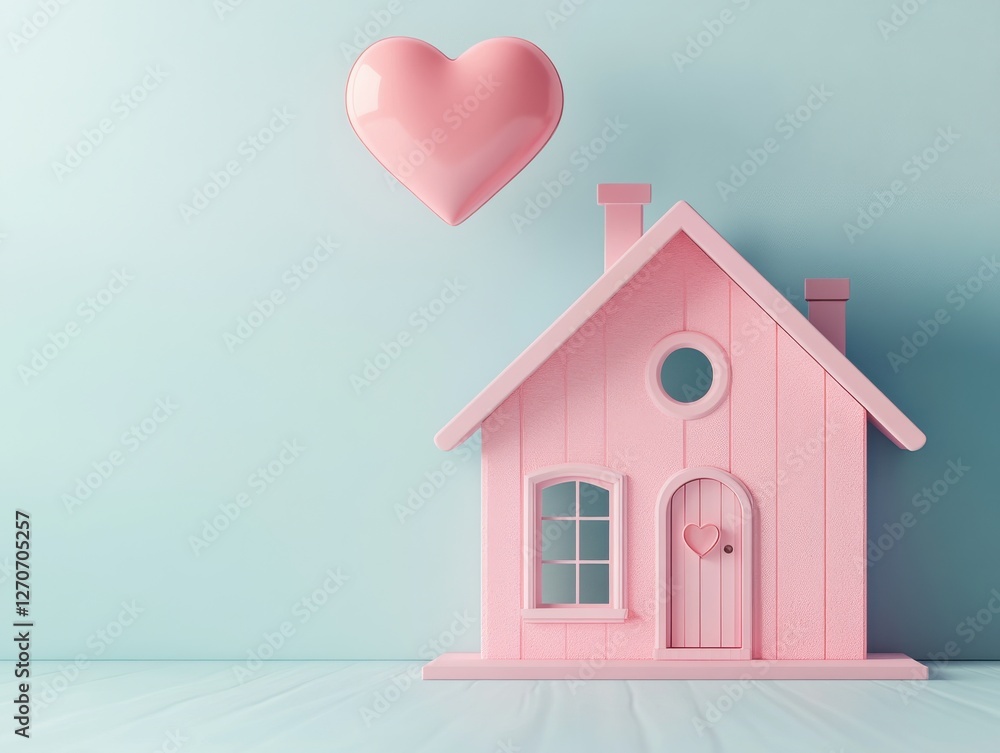 Charming pink house with a heart-shaped decoration floating above against a soft pastel background, conveying themes of love and home warmth Charming pink house with a heart-shaped decoration floating above against a soft pastel background, conveying themes of love and home warmth