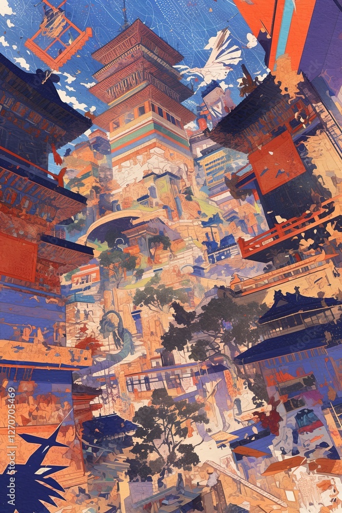 Asian city, pagoda, birds flying, vibrant architecture, fantasy illustration