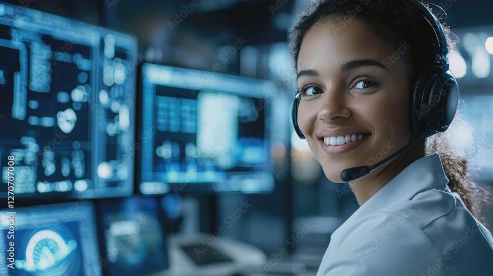 Obraz premium Smiling Female Technician with Headset in a High-Tech Control Room
