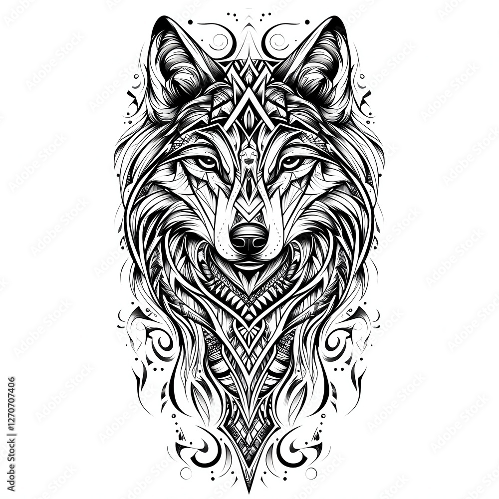 Obraz premium Tattoo Art concept. Isolated on white background, a minimalistic geometric wolf tattoo, symmetrical patterns, fine line details, modern blackwork style