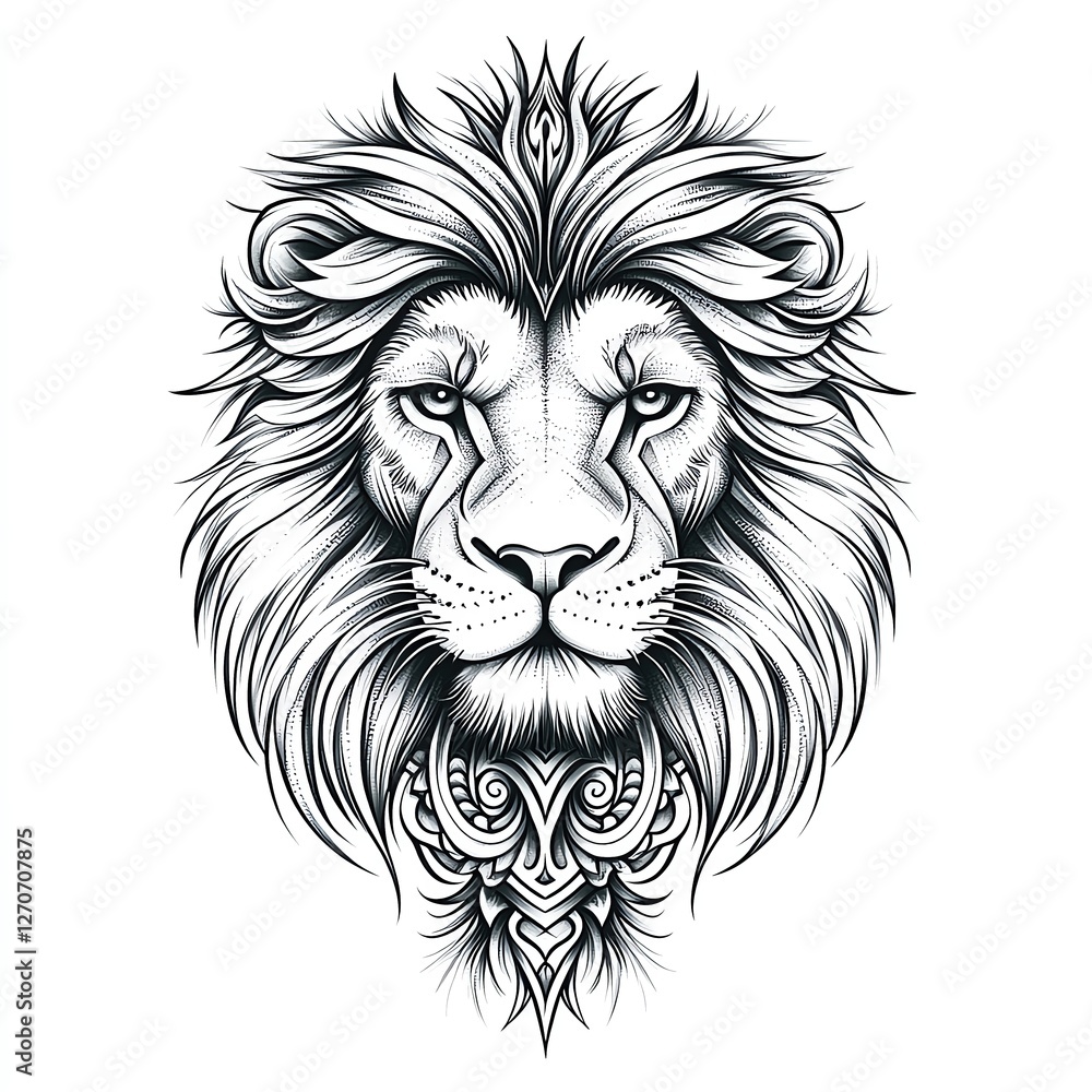 Tattoo Art concept. Isolated on white background, a hyper-realistic lion head tattoo, majestic expression, intricate fur texture, regal and powerful theme Tattoo Art concept. Isolated on white background, a hyper-realistic lion head tattoo, majestic expression, intricate fur texture, regal and powerful theme