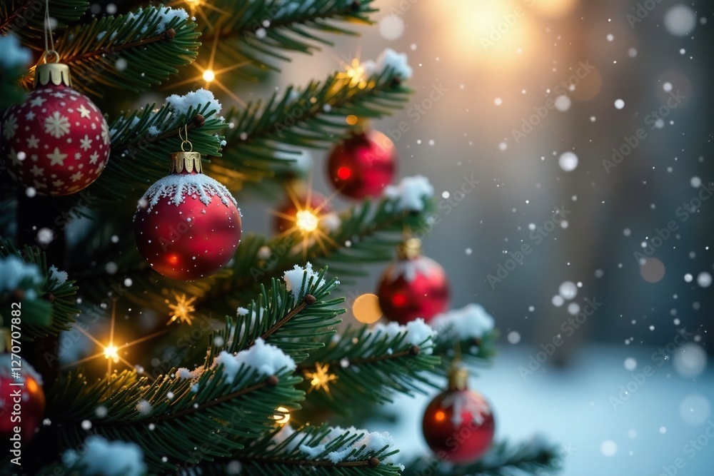 Snowflakes gently falling on a festive holiday tree, ornaments, snowflakes Snowflakes gently falling on a festive holiday tree, ornaments, snowflakes