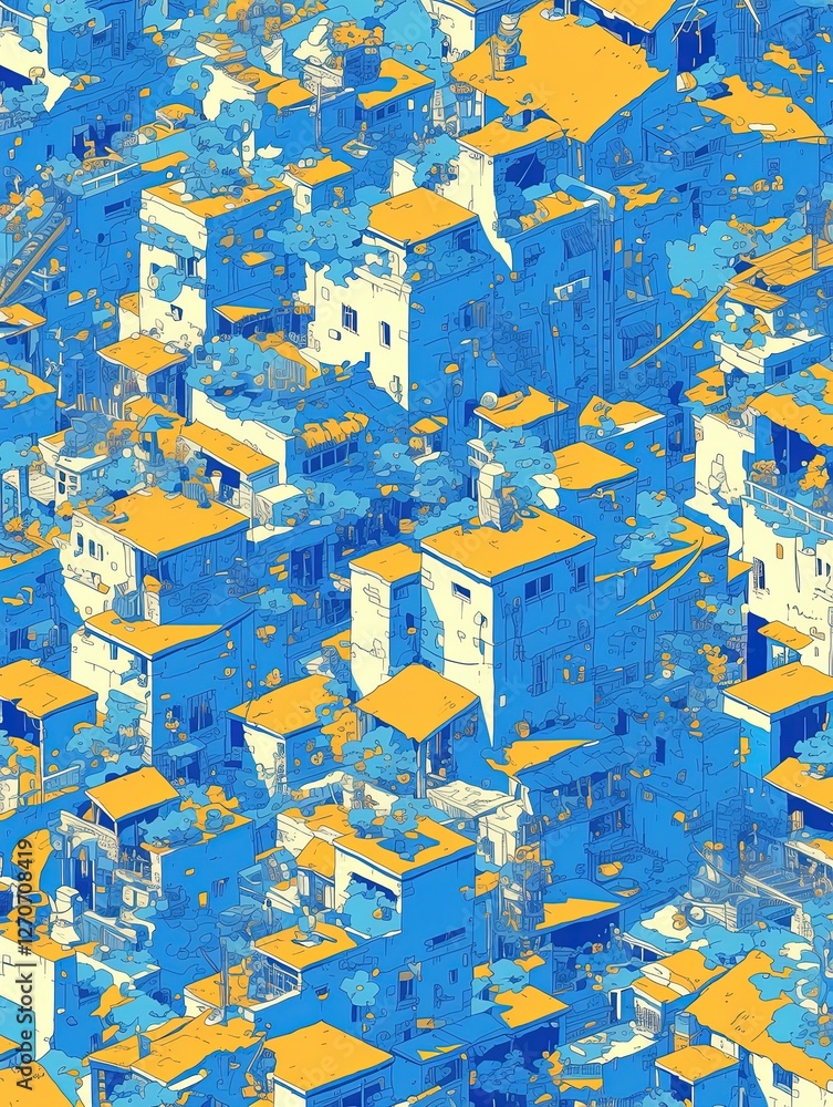 Fototapeta premium Aerial view of dense urban neighborhood, buildings, trees, city life illustration